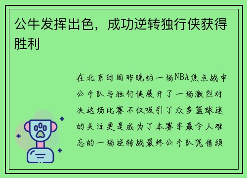 公牛发挥出色，成功逆转独行侠获得胜利